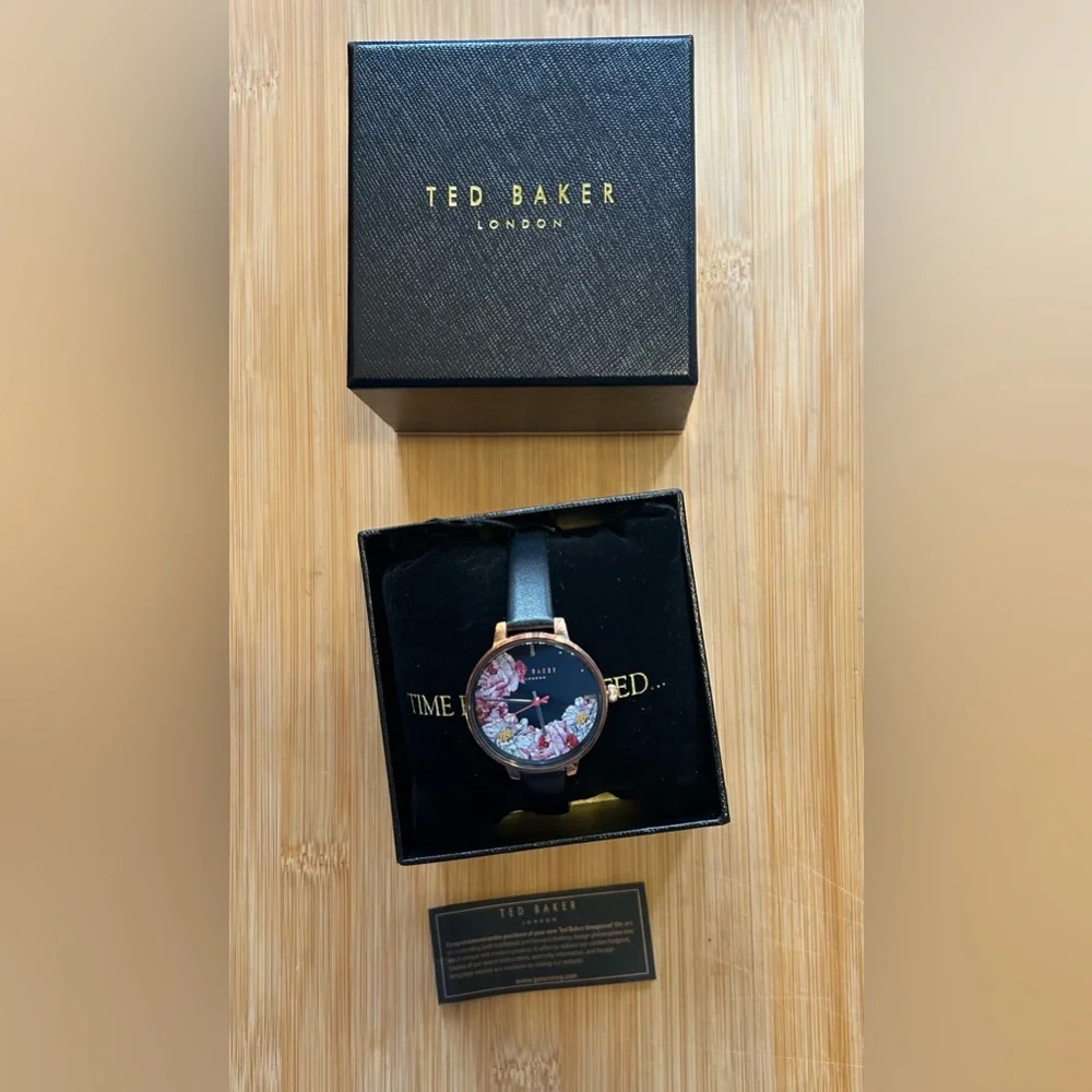 TED BAKER KATE WATCH WITH 32 BLACK FLORAL FACE & BLACK LEATHER BAND